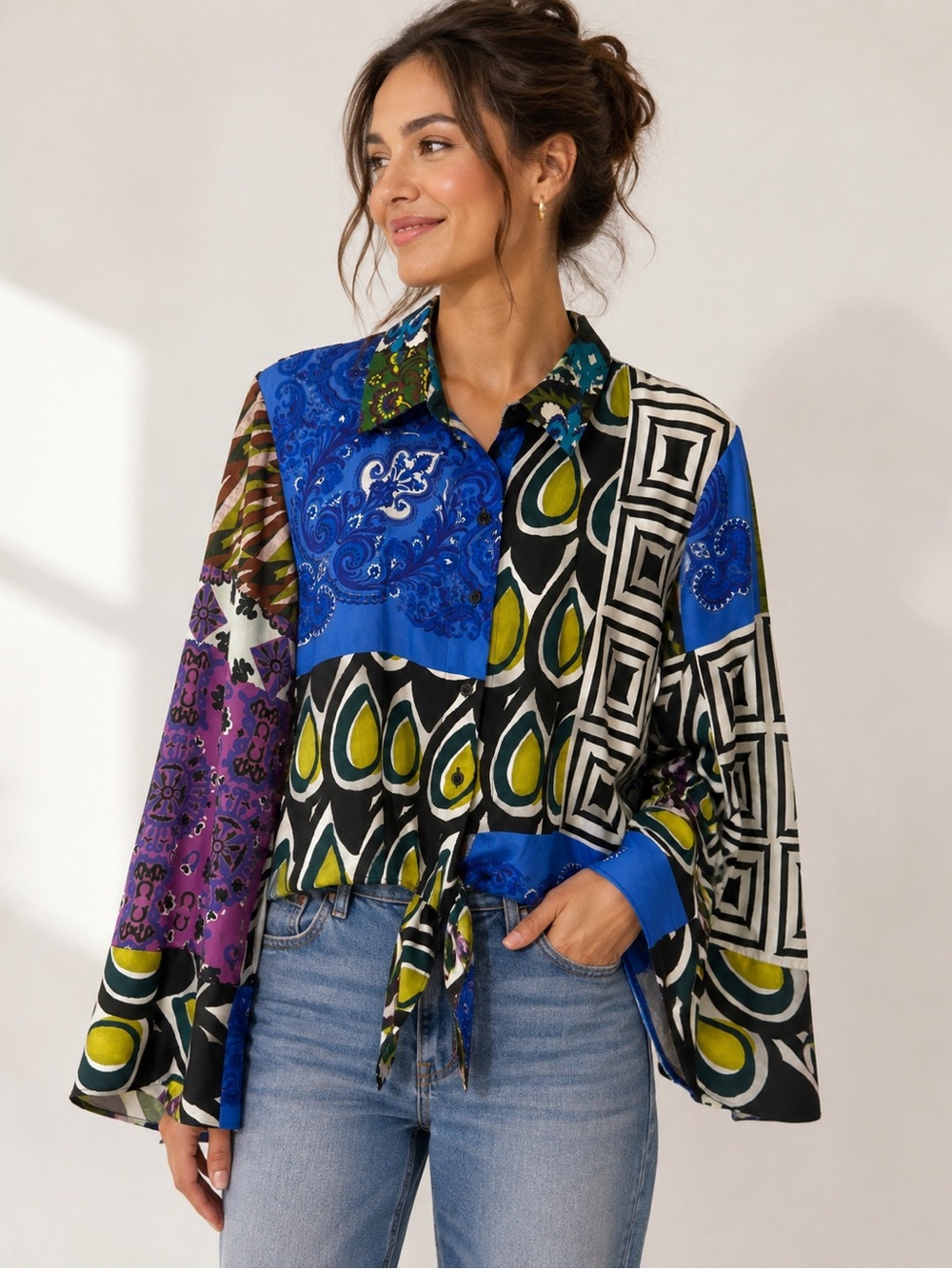 Zara Patchwork Tie-Front Shirt Women Size S Blue Multi